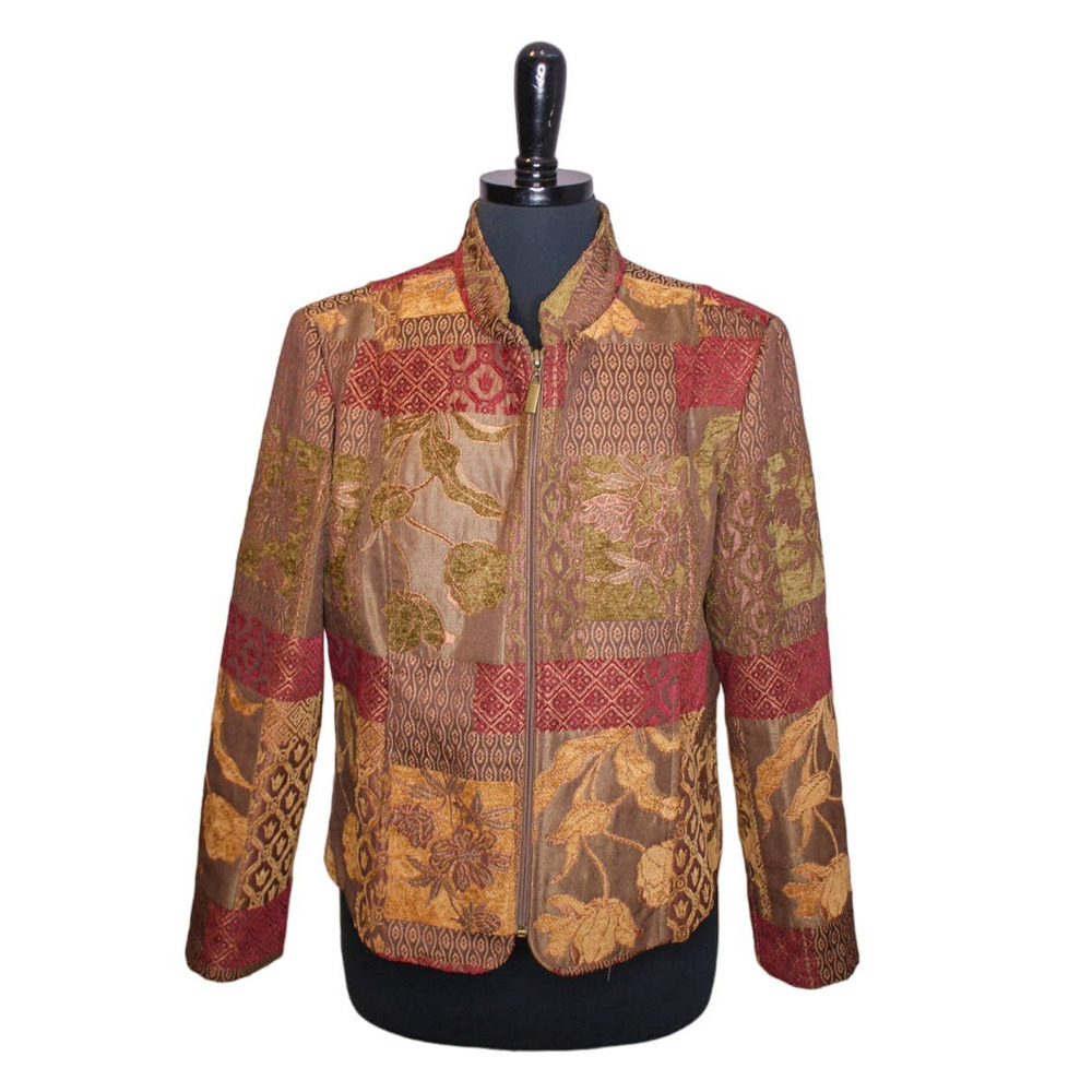 Preswick & Moore Tapestry Jacket Blazer Brown Bronze Red Zip Front Size PL